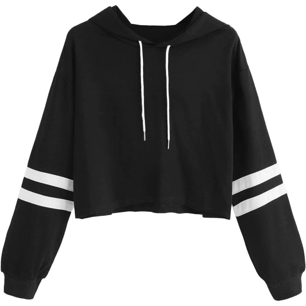 Women's Letter Print Color Block Crop Top Hoodie Long Sleeve Sweatshirt